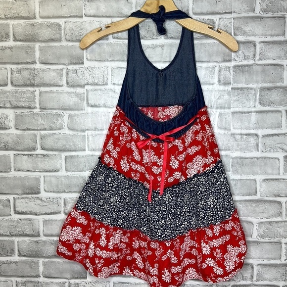 PINKY girls sleeveless halter top style dress. Backless. Red, white and blue. - Picture 5 of 10